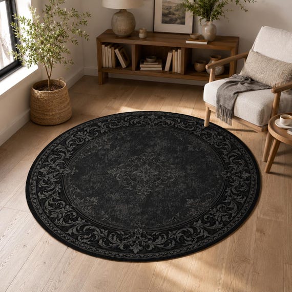 Black Gothic Round Rug, Vintage Ornate Border Carpet, Dark Victorian Living Room Rug, Statement Floor Decor for Moody Home Interiors