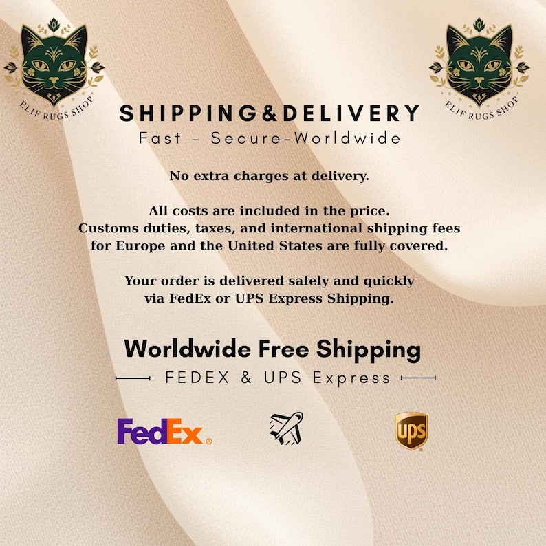 Puede incluir: Fondo color crema con texto sobre env&iacute;o y entrega. El texto incluye "SHIPPING & DELIVERY", "Fast - Secure-Worldwide" y "Worldwide Free Shipping". Tambi&eacute;n hay logotipos de FedEx y UPS.
