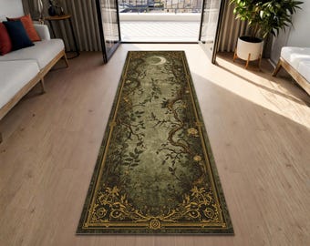Mystical Moon Botanisch loper tapijt met vintage bos wijnstokken ontwerp, donker Cottagecore gotisch gangtapijt voor hal entree woondecoratie