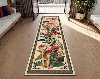 Botanical Mushroom Runner Rug With Vintage Floral Illustration, Cottagecore Nature Inspired Corridor Carpet For Hallway Entryway Home Decor