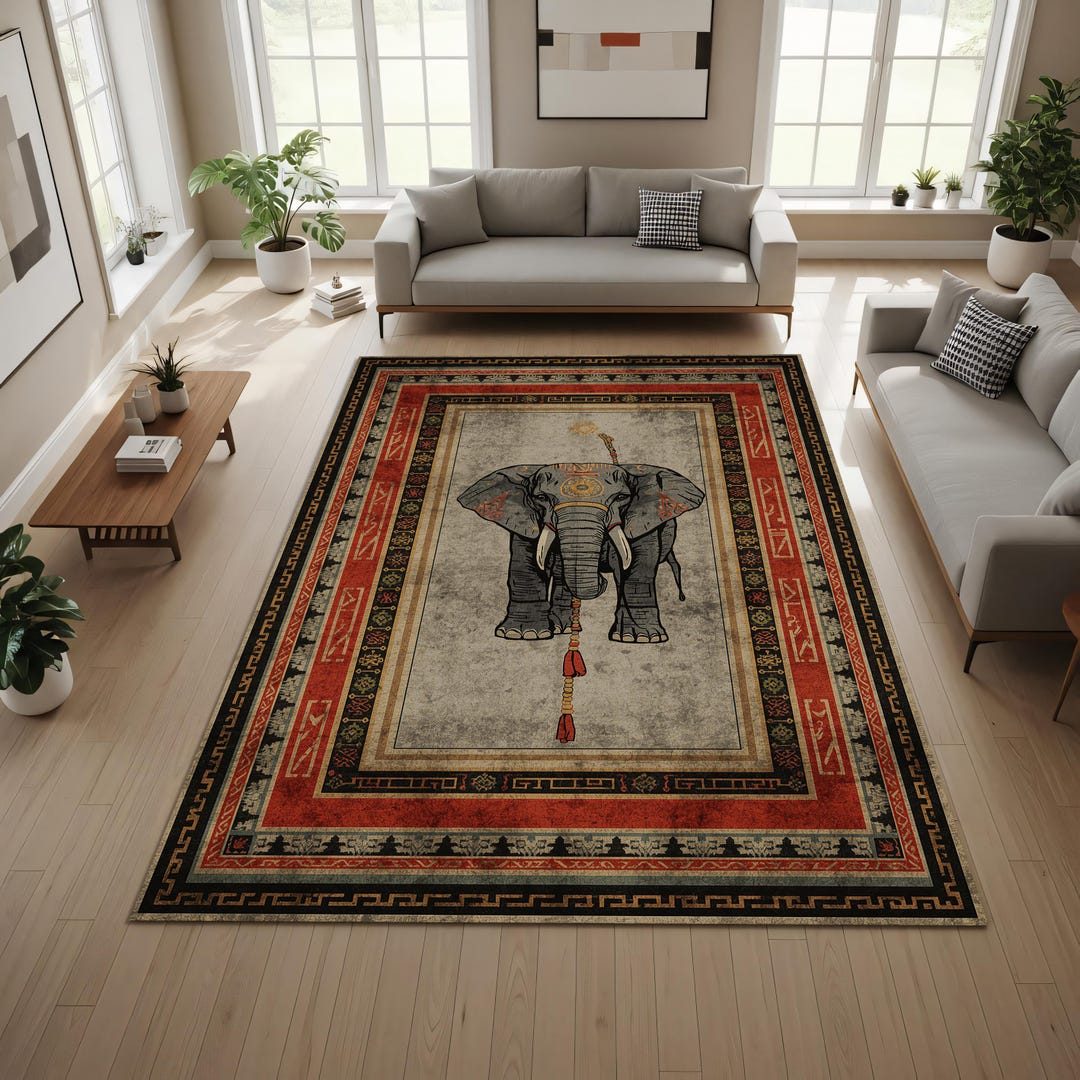 Tribal Elephant Area Rug With Ethnic Pattern Art, Vintage Style ...
