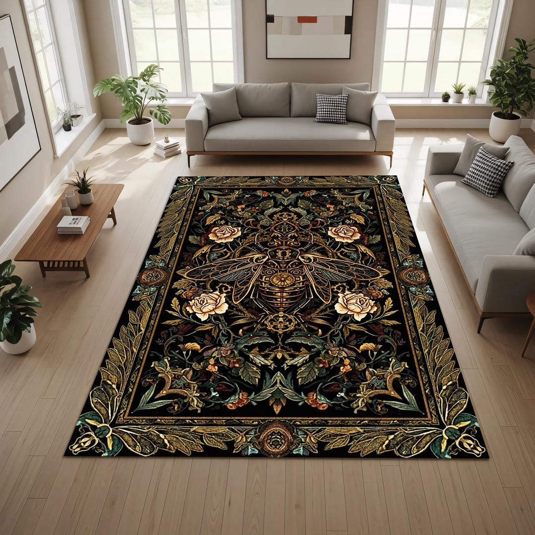 Gothic Botanical Bee Rug, Vintage Victorian Floral Insect Area Rug ...