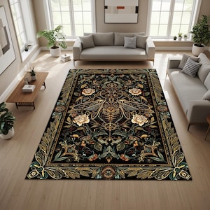 Gothic Botanical Bee Rug, Vintage Victorian Floral Insect Area Rug, Dark Academia Bedroom Decor, Witchy Nature Floor Mat Gift Housewarming