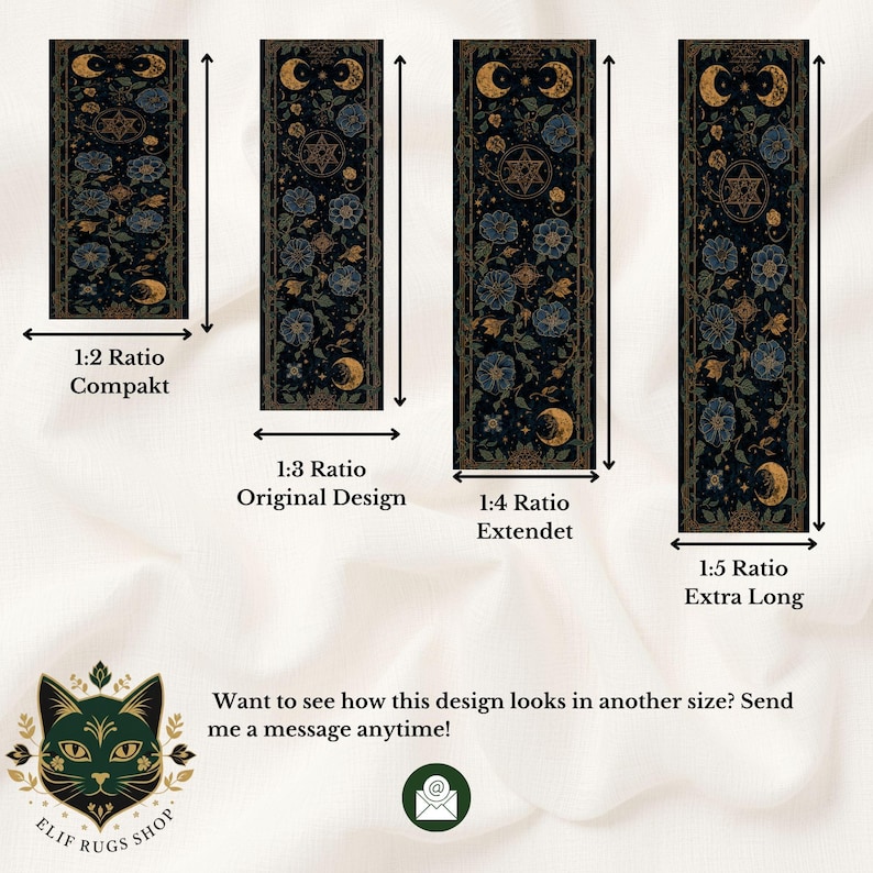 May include: A dark rug design with floral and celestial motifs, including moons and stars, is shown in four different aspect ratios: 1:2, 1:3, 1:4, and 1:5. The text says, "Want to see how this design looks in another size? Send me a message anytime!"
