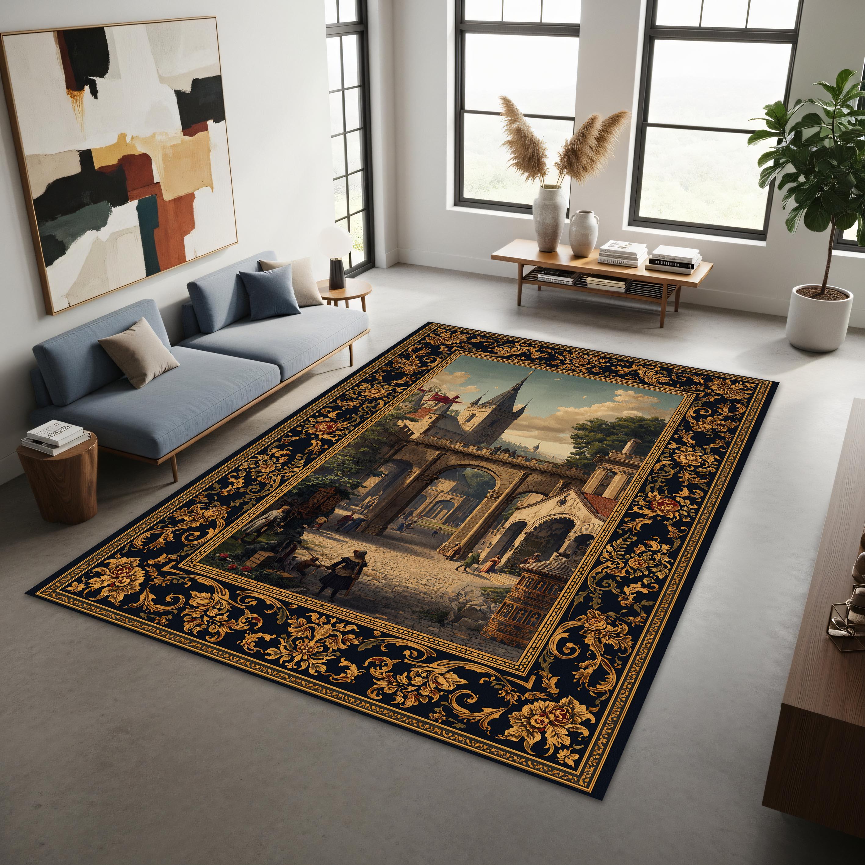 Medieval Rug Square Vintage Medieval Cityscape Area Rug, Baroque Gold Floral Border Carpet ...