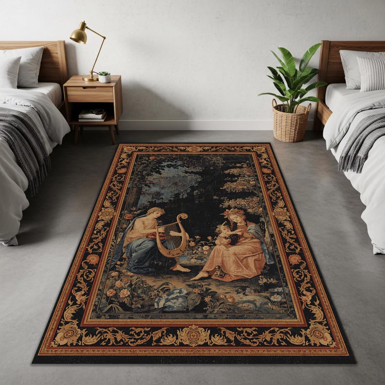 Vintage Tapestry Area Rug With Lyre Musician Scene, Baroque Floral ...