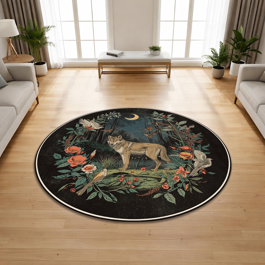 Mystic Wolf Round Area Rug, Floral Forest Night Scene With Birds and ...