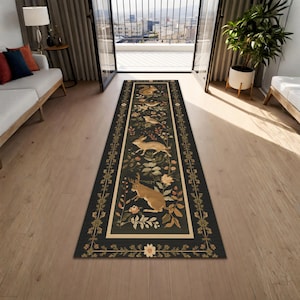 Woodland dier loper, zwart tapijtstijl bosdecor met hert konijn eekhoorn, vintage Cottagecore gangtapijt cadeau voor thuis