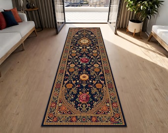 Marineblauer Persischer Teppich mit Blumenmuster, Vintage Oriental Rose Flurteppich, Langer Küchenteppich, Traditionelle Boho Dekoration Rutschfest