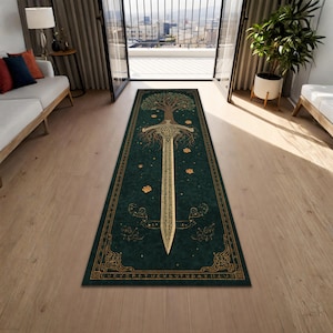 May include: A long, rectangular, dark teal rug with a detailed design of a sword and a tree. The sword is centered, with a gold-colored blade and hilt. The tree is at the top, with gold-colored leaves and branches. The rug has a gold border.