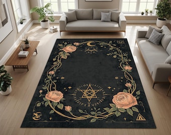 Dark Celestial Rose Area Rug with Occult Symbols and Moon Phases, Gothic Floral Vintage Carpet for Living Room Bedroom Witchy Decor
