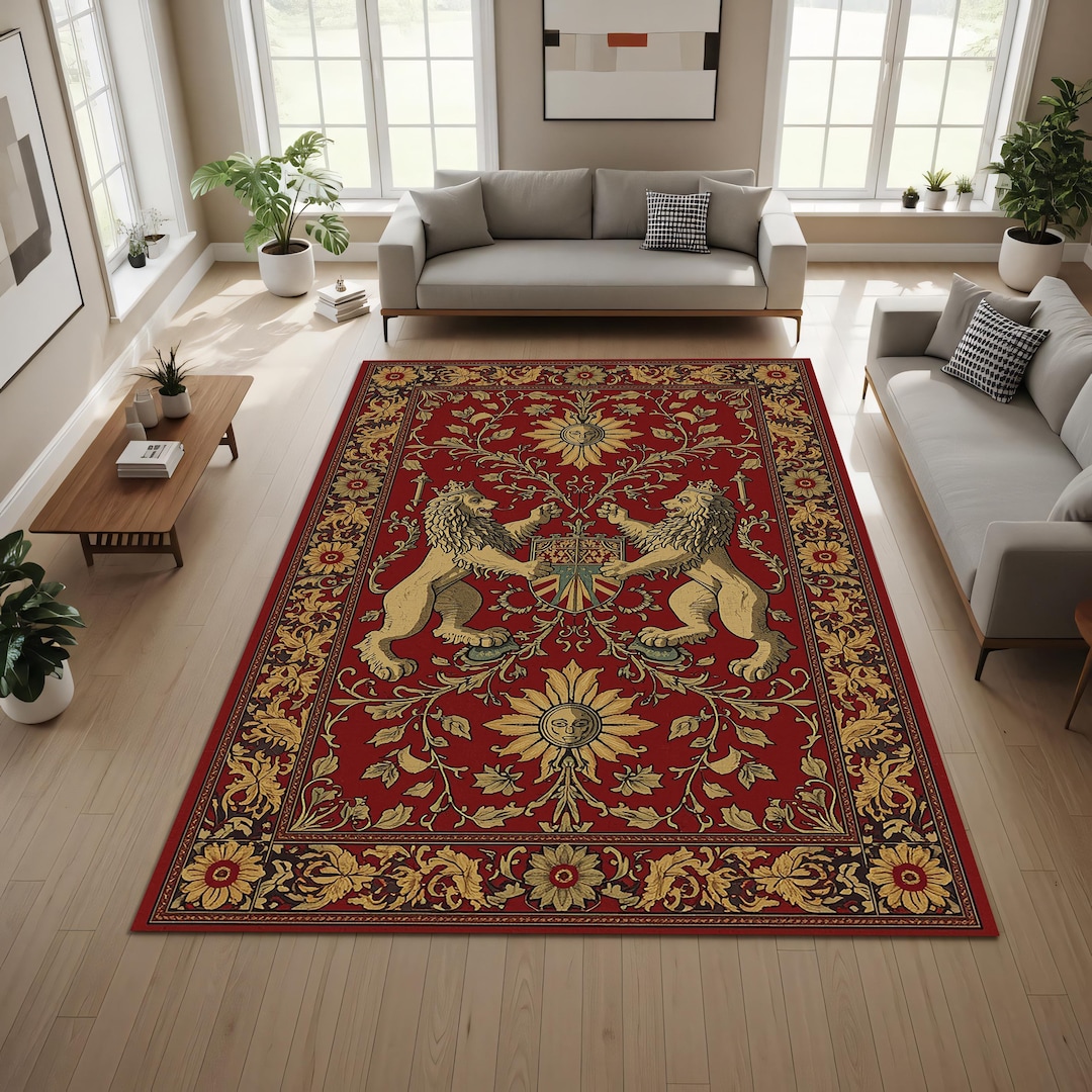 Medieval Red Rug Medieval Heraldic Red Area Rug With Lions and Sun Motifs, Vintage ...