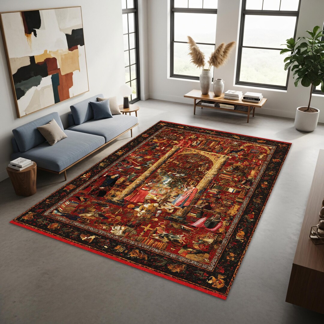 Medieval Area Rug Medieval Library Scene Area Rug, Vintage Tapestry Style Carpet in ...