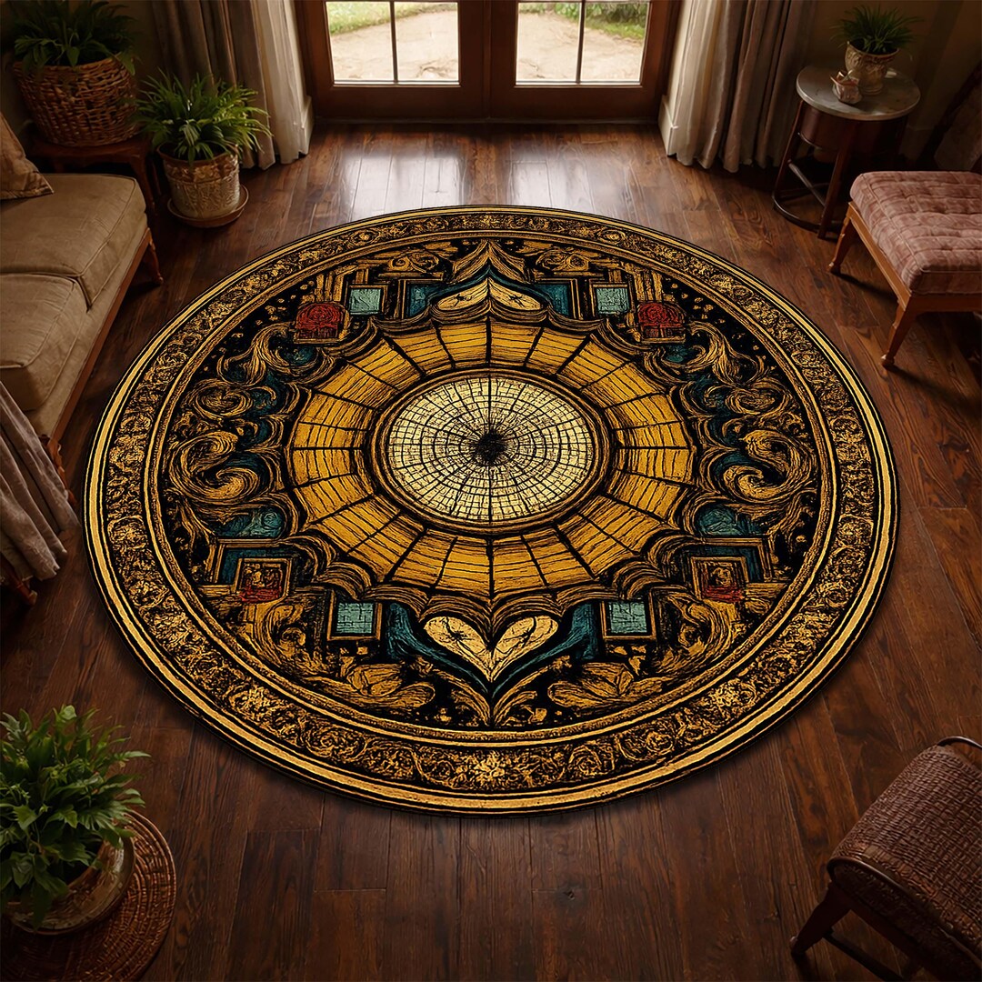 Cathedral Rug Gothic Rose Window Round Rug, Stained Glass Mandala Floor Mat, Vintage ...