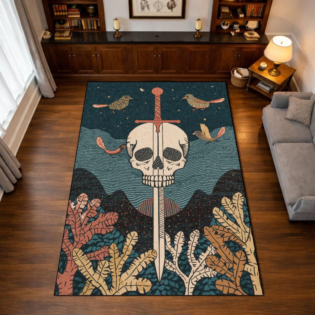 Gothic Skull Sword Rug, Dark Academia Area Rug, Witchy Bird Botanical ...