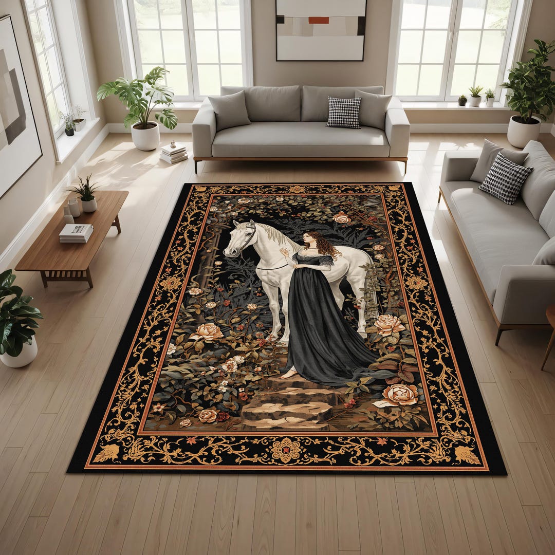 Gothic Horse & Lady Area Rug, Victorian Floral Tapestry Style Floor Mat ...