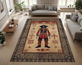 Southwestern Tribal Warrior Area Rug, Vintage Native Inspired Carpet, Boho Western Living Room Decor, Rustic Aztec Pattern Floor Mat