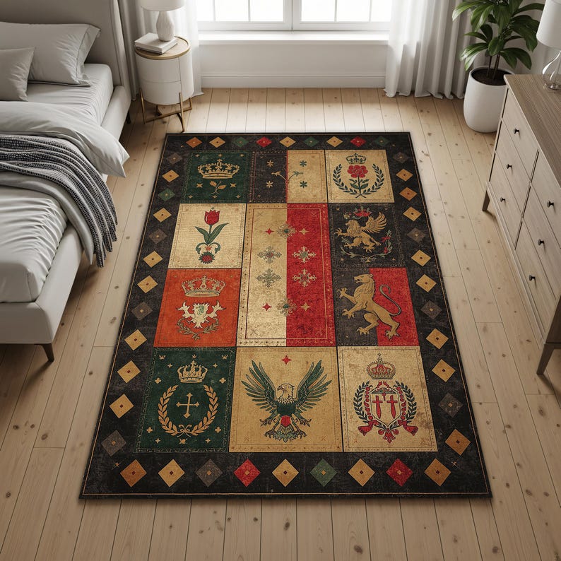 Rectangular Rug Emblem Medieval Heraldic Patchwork Area Rug, Vintage Crest Lion & Eagle ...