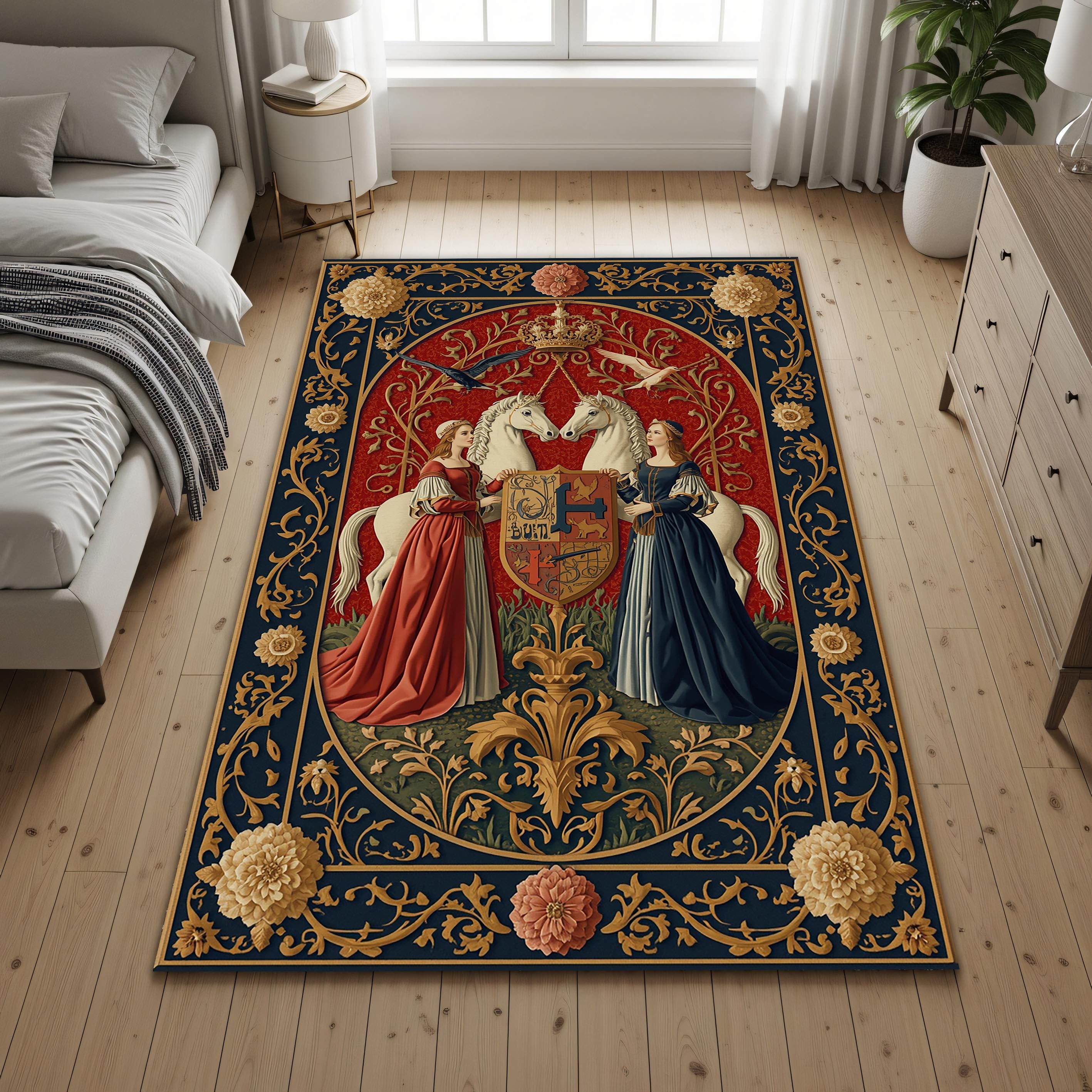 Medieval Rug Blue Medieval Tapestry Area Rug, Heraldic Crest With Unicorns & Ladies ...