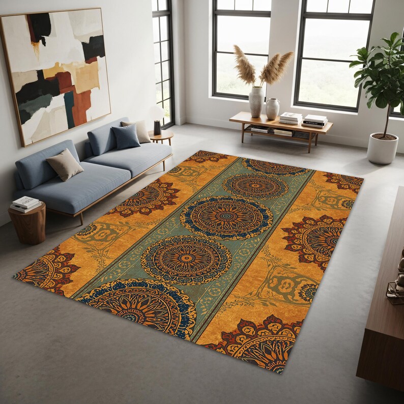 Mandala Rug Design Vintage Boho Mandala Area Rug, Teal & Burnt Orange Medallion Carpet ...