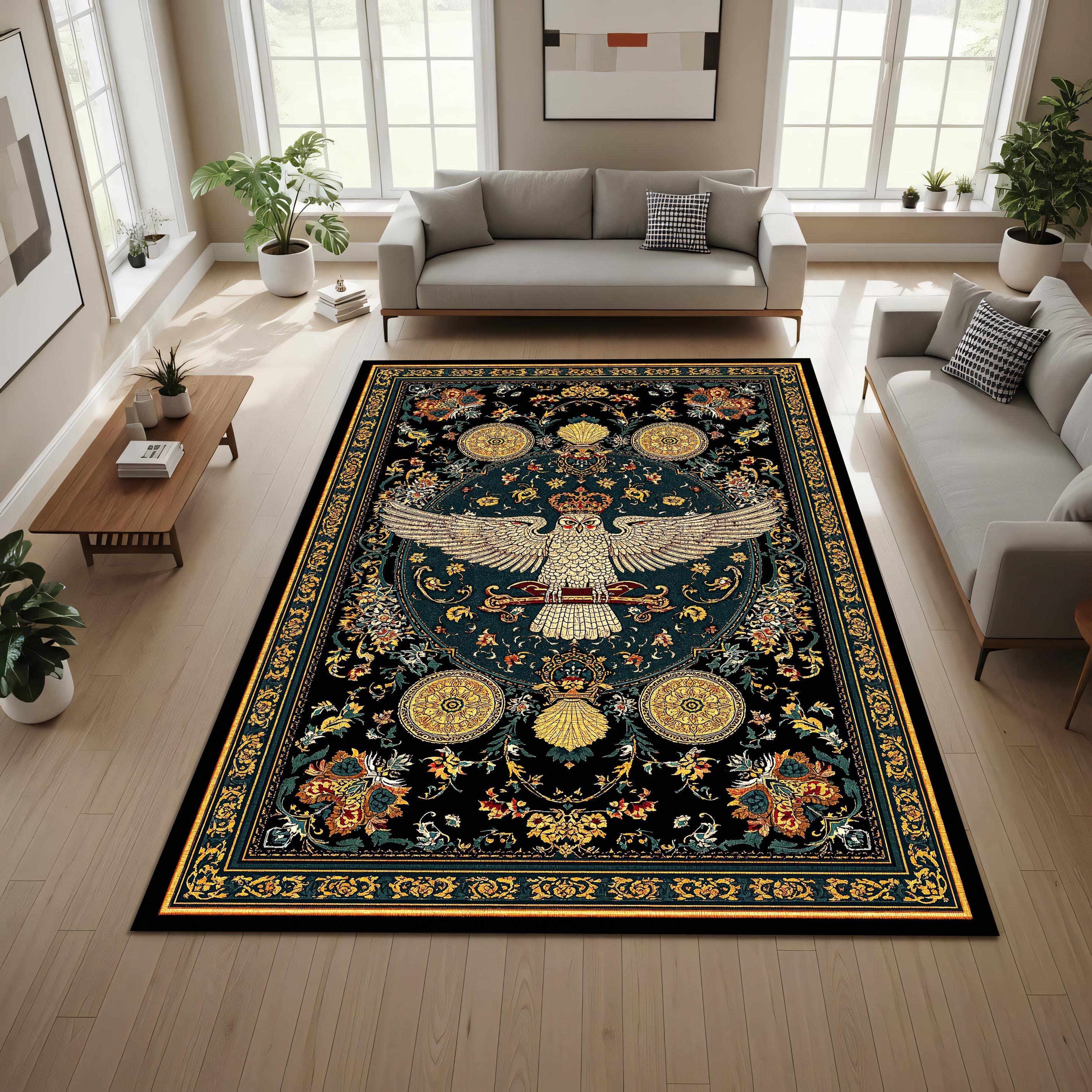Mystic Owl Persian Area Rug, Dark Navy Vintage Floral Carpet, Boho Gothic Floor Decor Statement for