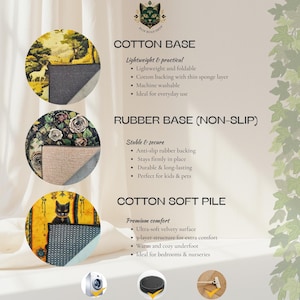 May include: Image showcasing rug features: cotton base, rubber base (non-slip), and cotton soft pile. The cotton base is lightweight and foldable. The rubber base is anti-slip. The cotton soft pile offers a velvety surface.