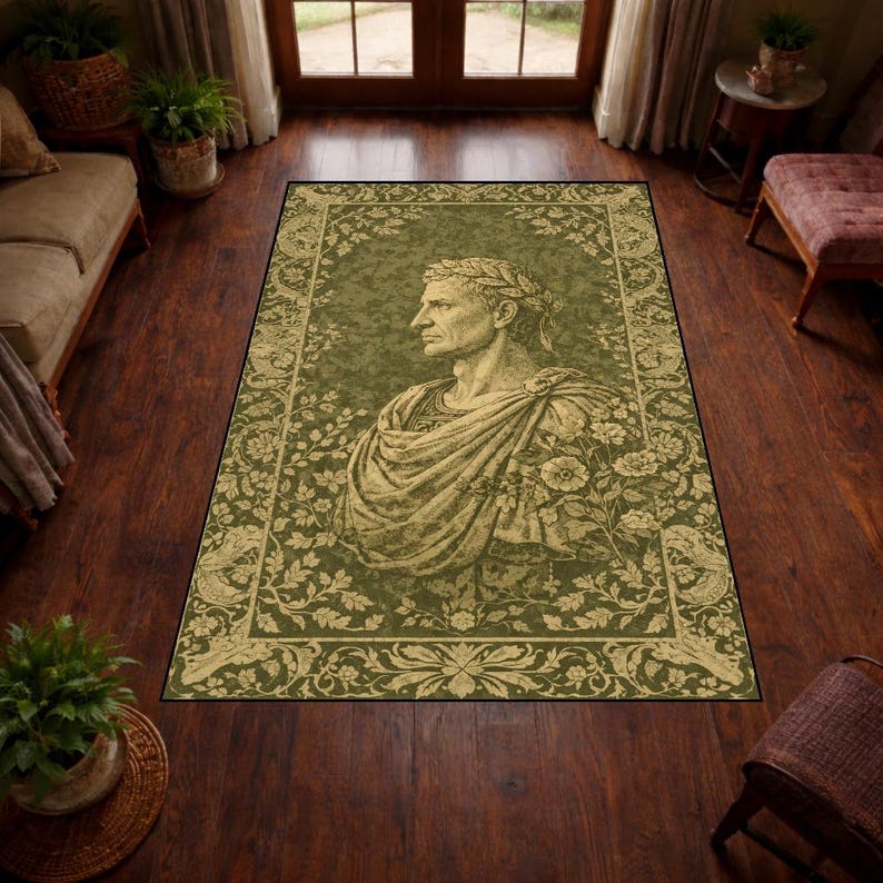 Julius Caesar Area Rug, Ancient Rome Portrait Carpet, Olive Green ...