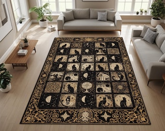 Alfombra de tarot de gato negro oculto, alfombra vintage con cuadrícula de fases lunares, decoración gótica de brujas, negra y dorada, alfombra de salón de Dark Academia