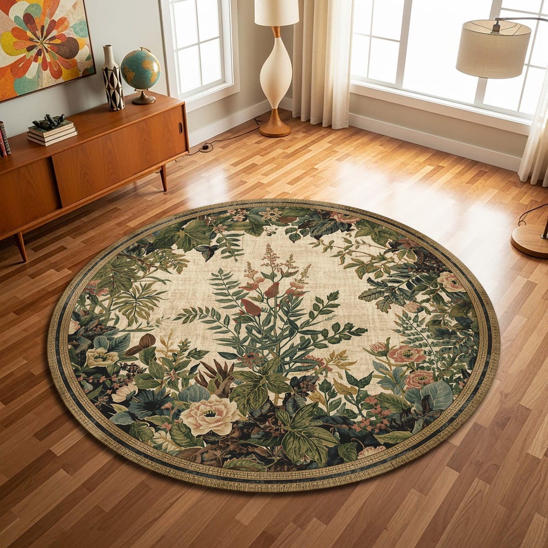 Round Botanical Garden Rug, Vintage Floral Circle Area Rug, Cottagecore ...