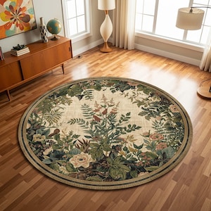 May include: A circular rug with a botanical pattern. The rug has a cream-coloured central area, surrounded by a border of green foliage, flowers, and a dark brown trim. It is positioned on a wooden floor.