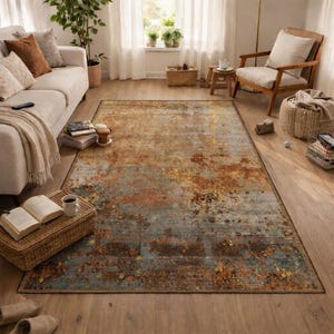 May include: A large rectangular rug with an abstract design in shades of brown, orange, and blue. The rug has a distressed, vintage appearance, with a mix of textures and patterns. It is placed on a wooden floor in a living room setting.