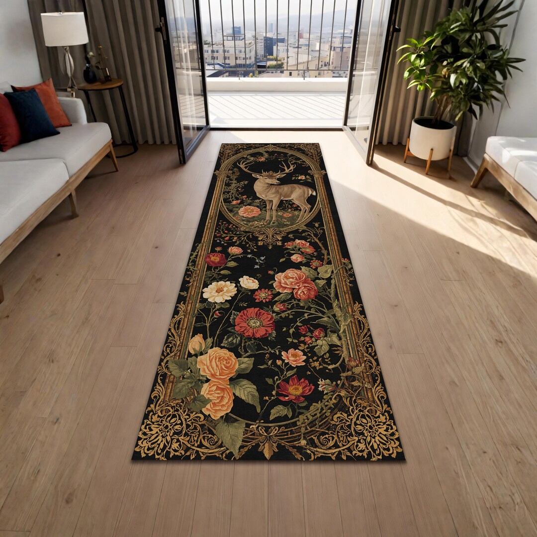 Vintage Deer Floral Runner Rug, Dark Academia Hallway Carpet, Gothic ...
