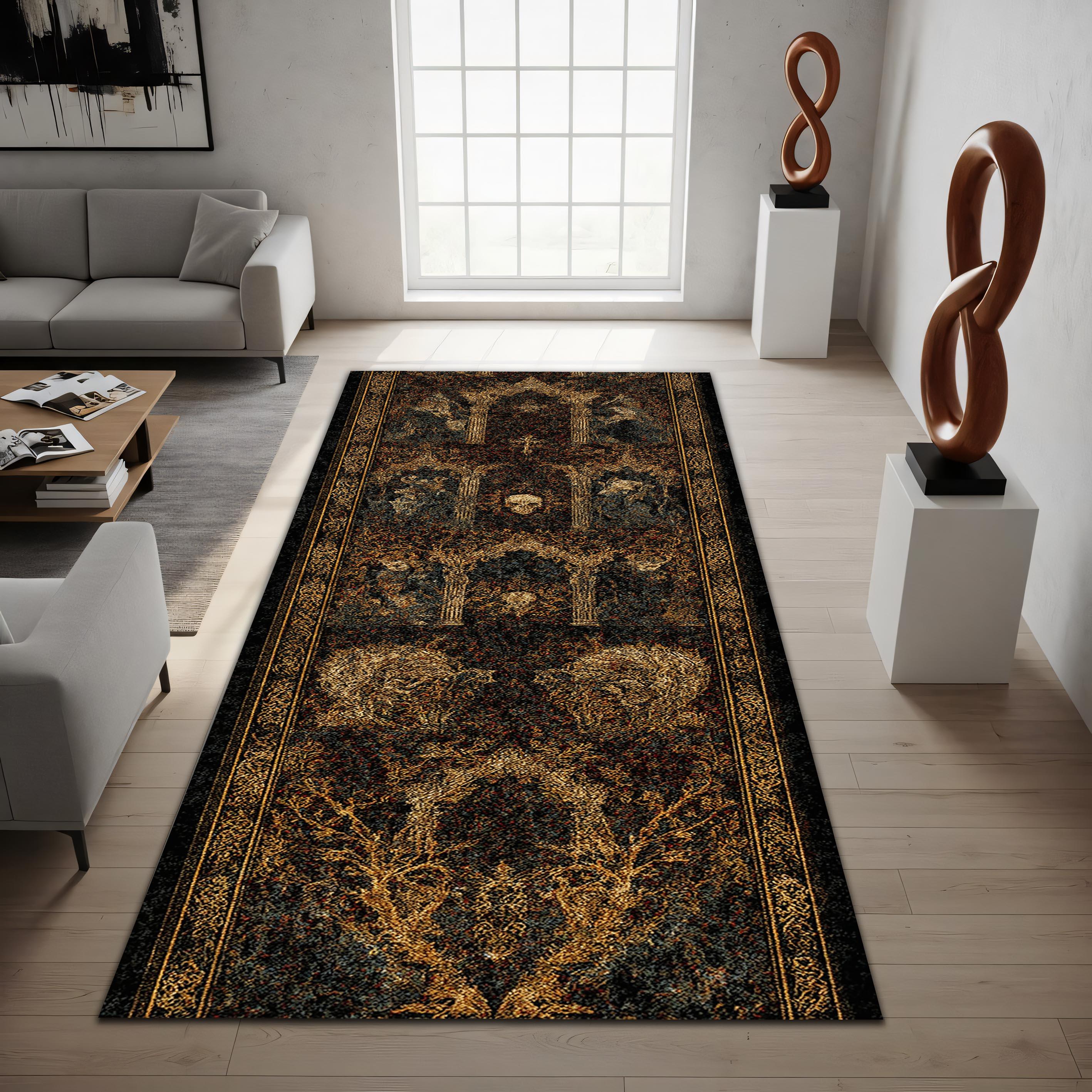 Gothic Deer Skull Runner Rug, Black Gold Dark Academia Hallway Runner ...