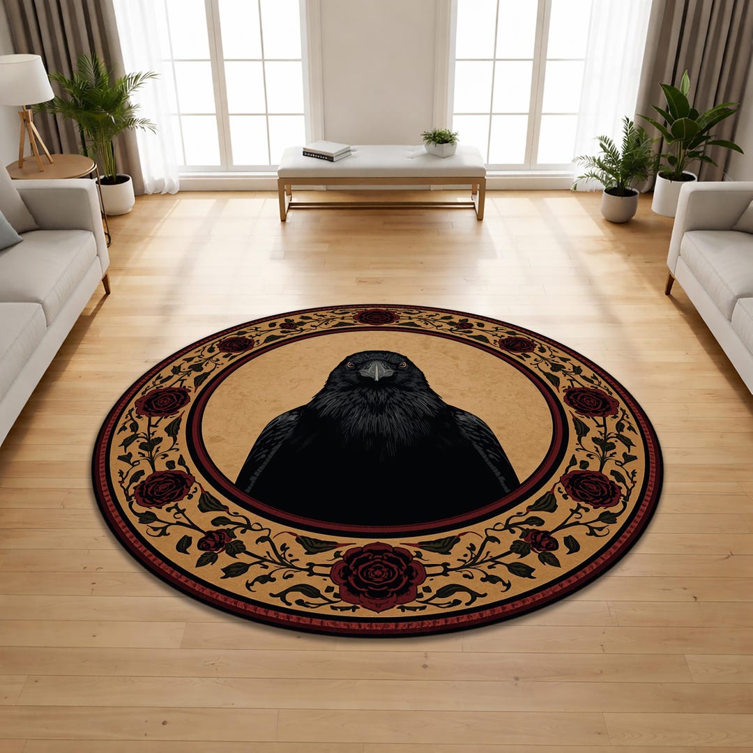 Round Gothic Rug Round Gothic Raven Rug With Victorian Roses, Black Gold Dark Academia ...