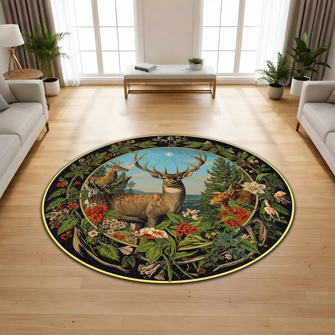 Vintage Deer Forest Round Rug, Rustic Cabin Wildlife Botanical Area ...