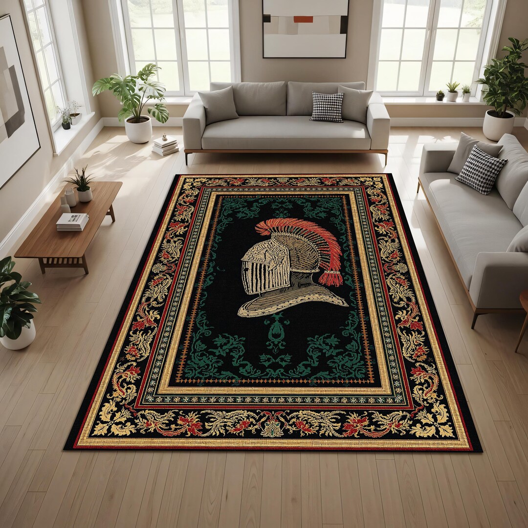 Knight Castle Rug Medieval Knight Helmet Area Rug, Gothic Tapestry Style Carpet, Black ...