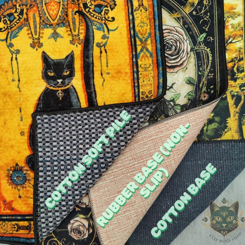 Puede incluir: Alfombra decorativa con un gato negro sobre un fondo amarillo y naranja. La alfombra tiene una pila de algod&oacute;n suave, una base de goma antideslizante y una base de algod&oacute;n. El texto "ELIF RUGS SHOP" es visible.