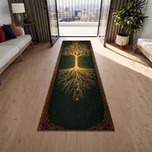 Dark Green Tree of Life Runner Rug, Golden Roots Hallway Carpet, Mystic Boho Entryway Mat, Long Kitchen Runner Decor Gift, Non Slip Washable