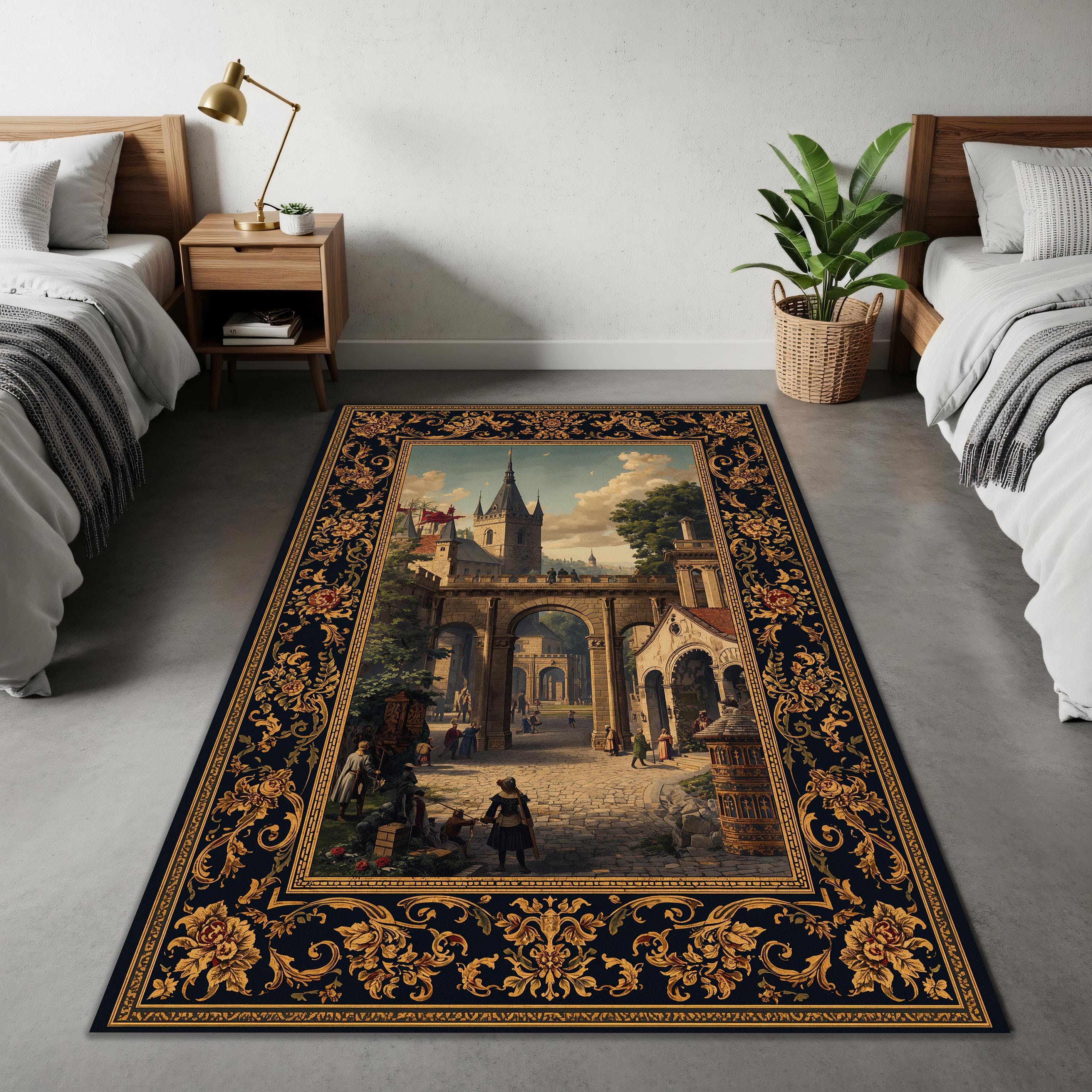 Medieval Area Rug Vintage Medieval Cityscape Area Rug, Baroque Gold Floral Border Carpet ...
