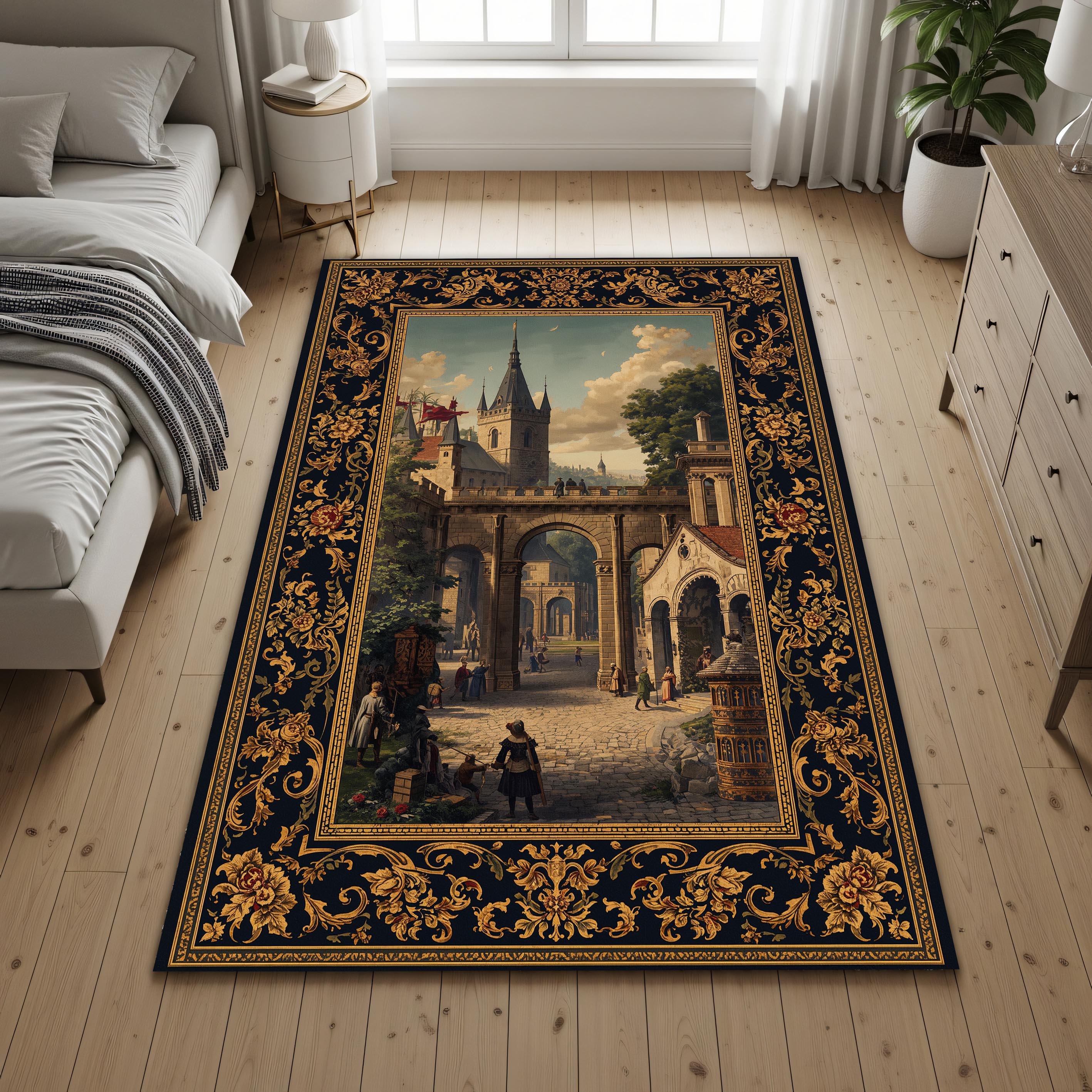 Medieval Area Rug Vintage Medieval Cityscape Area Rug, Baroque Gold Floral Border Carpet ...