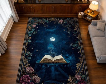 Alfombra con diseño de Luna Celestial y Dragón Bebé, con borde floral de Dark Academia, estilo gótico vintage de cielo nocturno místico, decoración del hogar