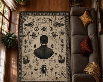 May include: A rectangular area rug featuring a cream background with a dark border and intricate black illustrations. The design includes a central silhouette of a person, surrounded by beetles, birds, keys, eyes, and two circular portraits.