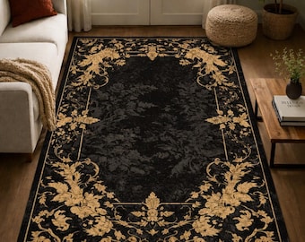 Alfombra gótica negra y dorada, alfombra victoriana con borde floral, alfombra barroca oscura para sala de estar, decoración elegante y sofisticada para el hogar, alfombra decorativa.
