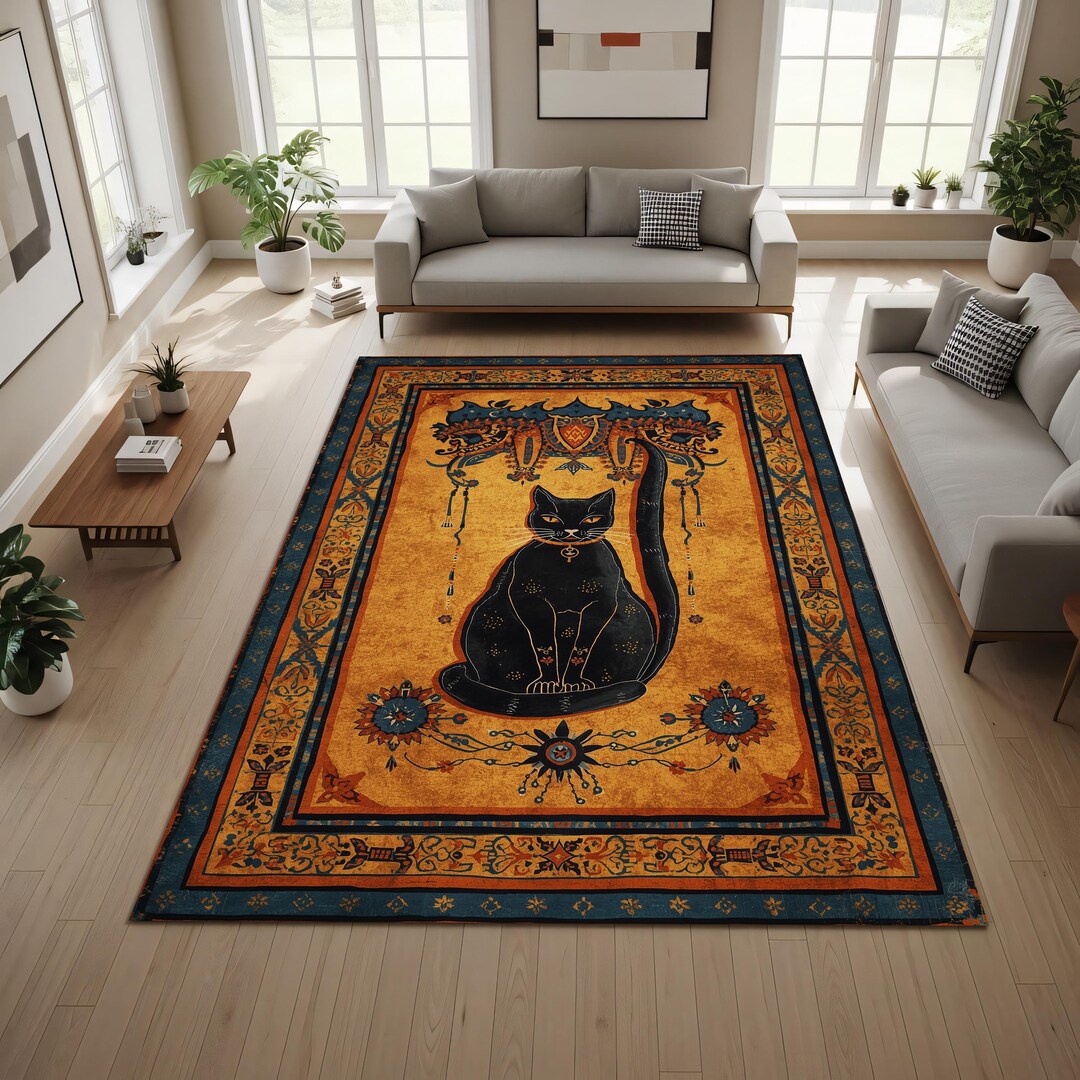 Egyptian Cat Area Rug, Vintage Boho Floor Carpet With Black Cat ...