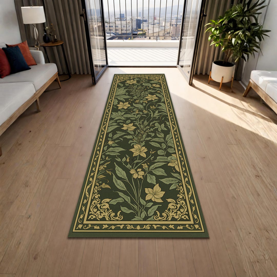 Forest Green Botanical Runner Rug, Vintage Floral Border Hallway Runner ...
