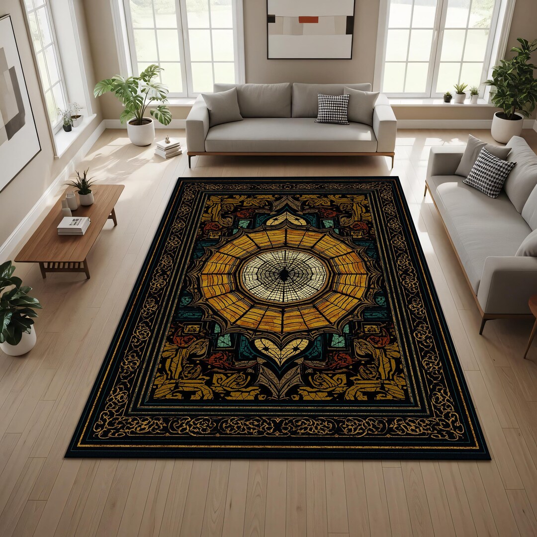 Cathedral Rug Stained Glass Gothic Cathedral Rug, Vintage Medieval Medallion Area ...