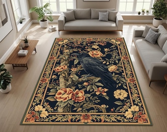 Dark Raven Floral Area Rug, Vintage Gothic Botanical Rose Carpet, Navy Blue Bird Living Room Decor, Victorian Style Large Floor Mat