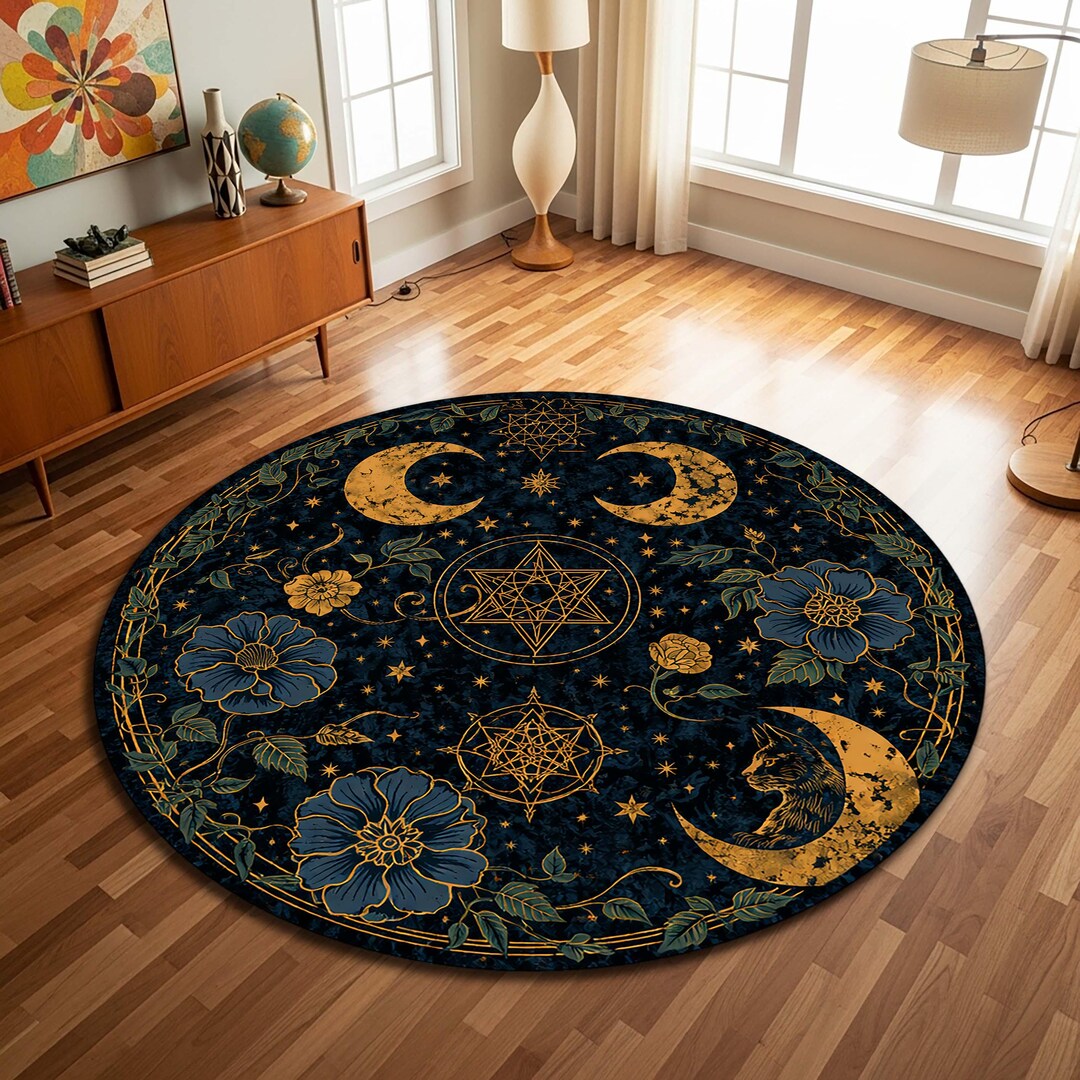 Astral Rug Pattern Celestial Moon Round Rug, Navy Blue Gold Astrology Carpet, Witchy ...