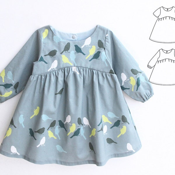 BLUE TIT Girl Dress sewing pattern Pdf, Long and Short Seeve, Woven, newborn up to 10 years