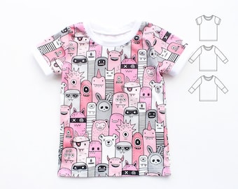 T-shirt enfant MONSTER modèle nouveau-né-10 ans, modèle Pdf, coupe légèrement ajustée, bébé fille, bébé garçon, t-shirt pour tout-petit, trois manches courtes et longues